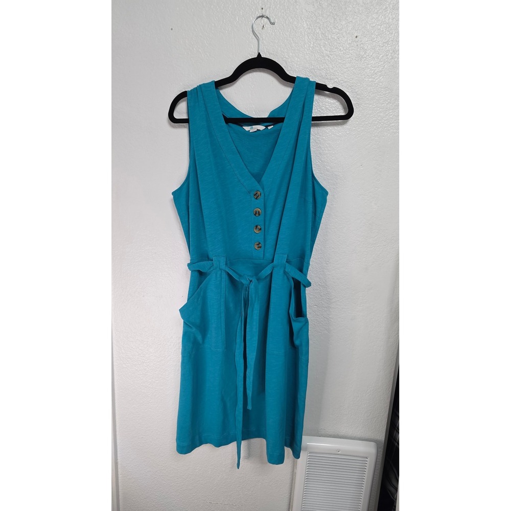 Boden Sleeveless V-Neck Cotton Dress Womens 14R Teal Blue Excellent